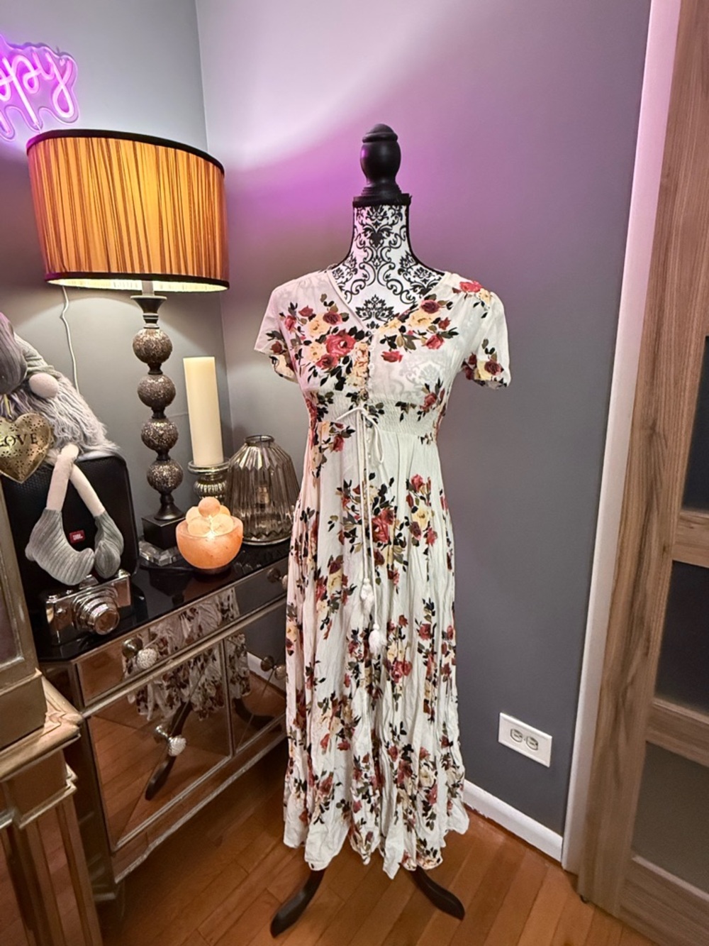Floral White Maxi Dress with Pink & Coral Blooms